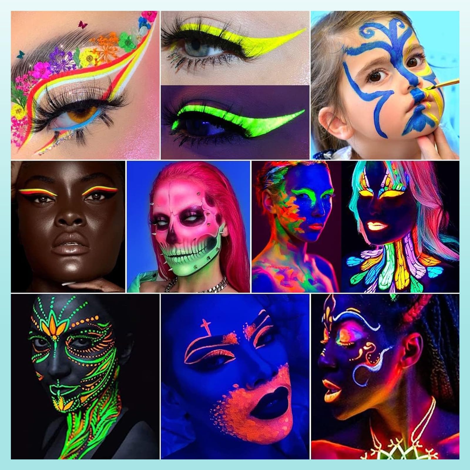 CCbeauty Pro Large 8 Neon Glow In The Black Lights Face Body Paint Makeup,Water Based Activated Eye Liner, Non-Toxic Washable for Kids Adults, Halloween Costume Masquerades Club Makeup