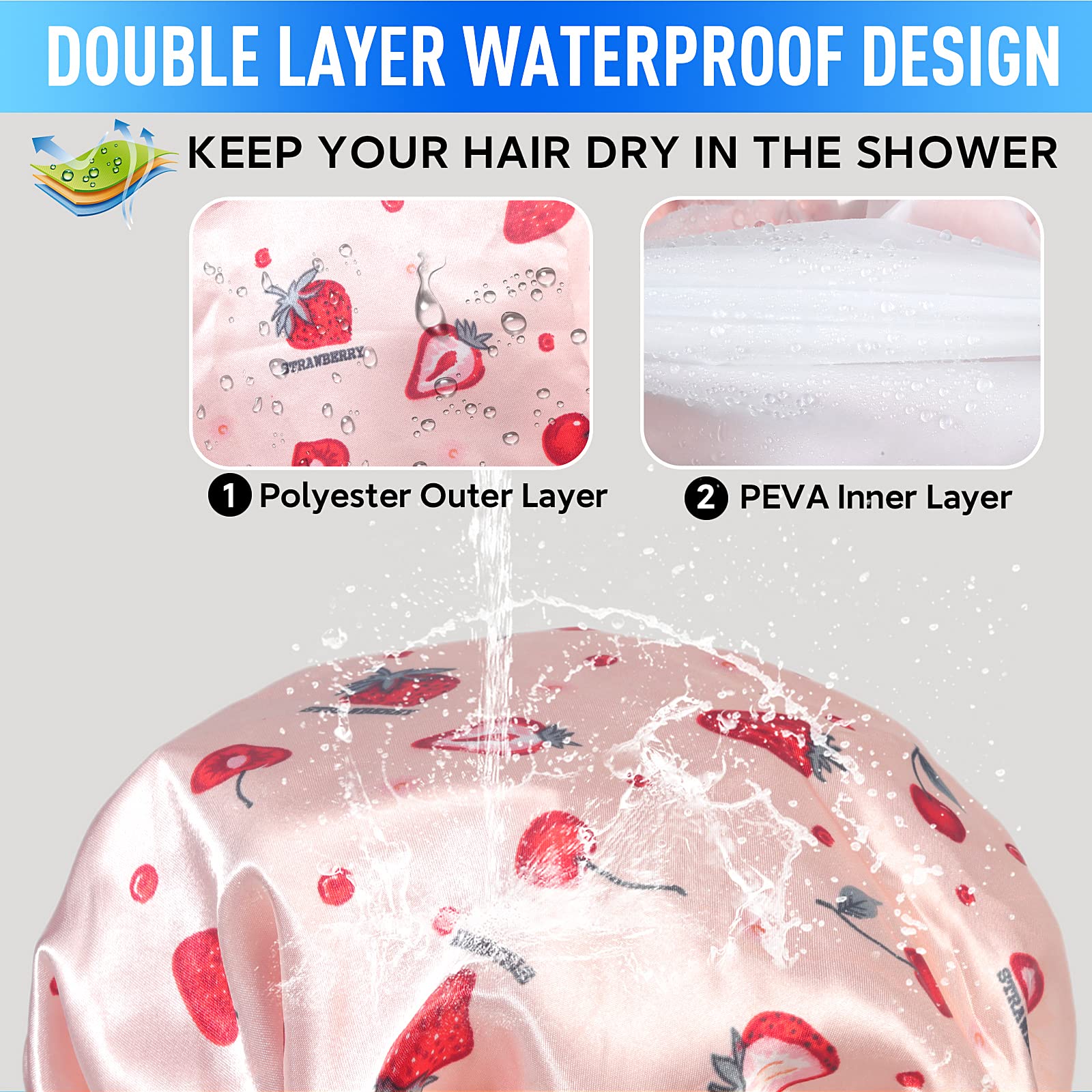 Shower Caps for Women Reusable Waterproof- Adjustable Women Shower Cap Reusable Hair Cap for Shower, Shower Cap for Adult and Kids