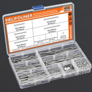 HELIFOUNER 400 Pieces M3 x 30mm /35mm /40mm /45mm /50mm, Button Head Socket Cap Metric Screws Nuts Washers Kit, 304 Stainless Steel