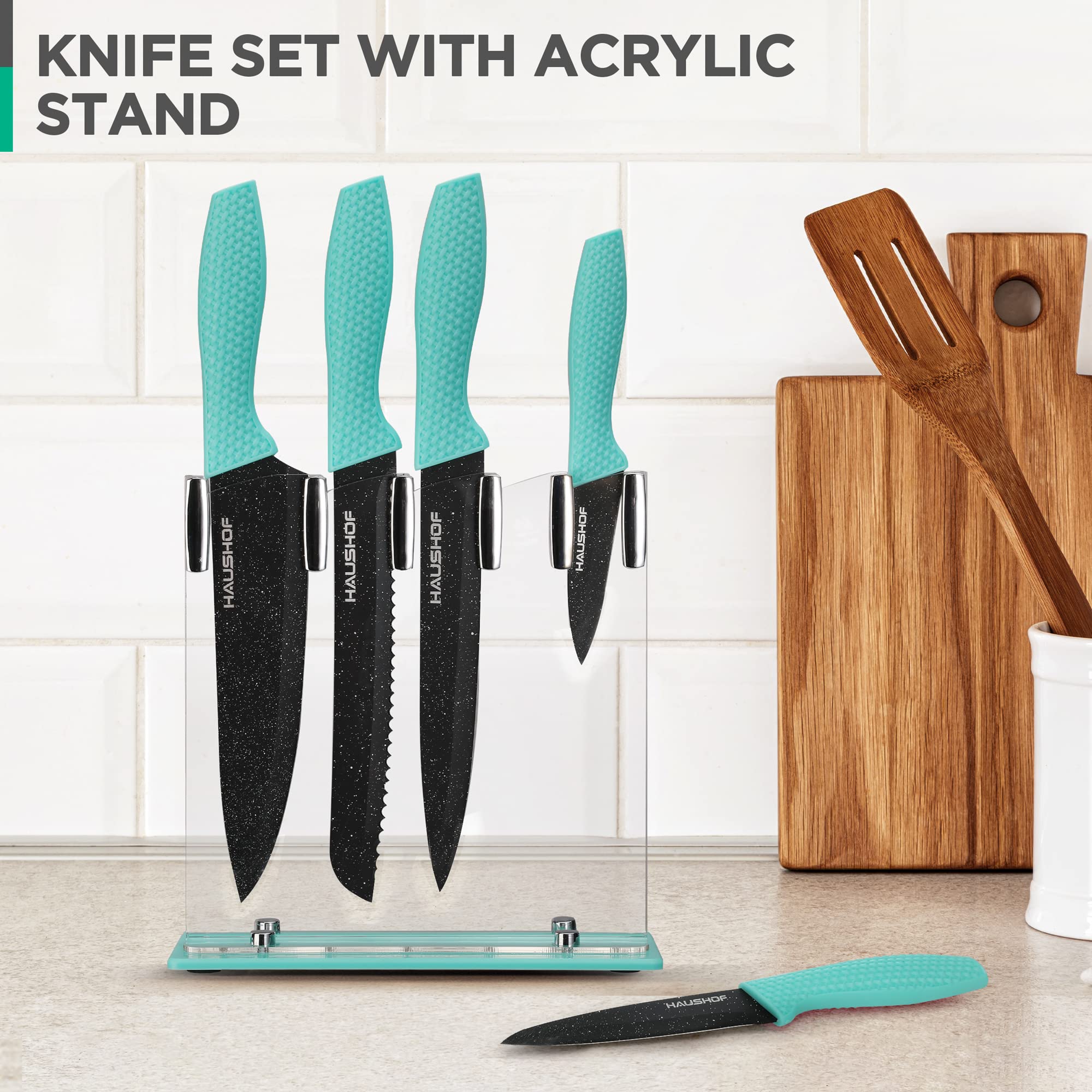 HAUSHOF Kitchen Knife Set, 5 PCS Knife Sets with Arcylic Block, Teflon Coated Green Knives Set for Kitchen, Premium Stainless Steel Knives Set with Ergonomic Handle, Great for Slicing, Dicing&Cutting