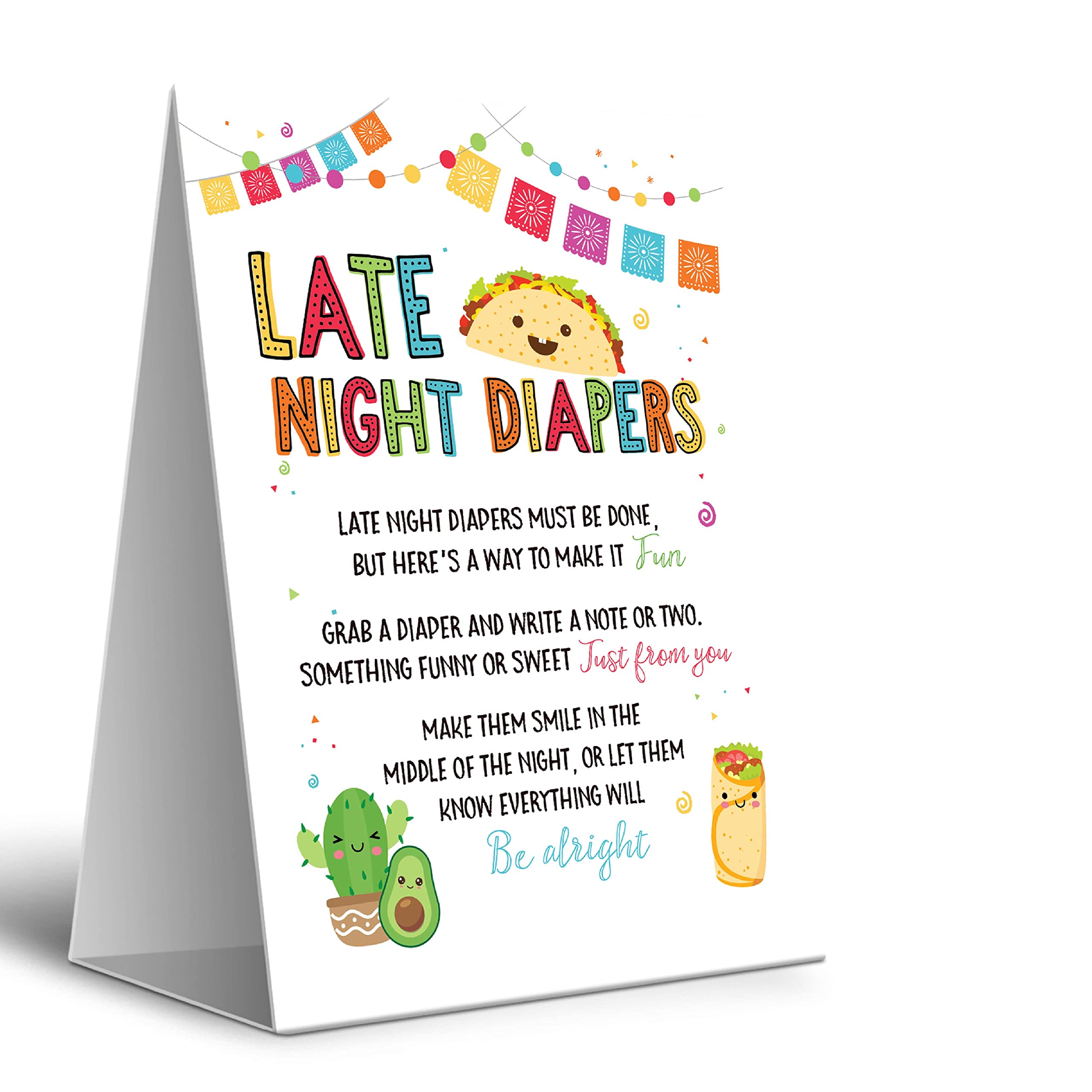 Your Main Event Prints Baby Shower Game Fiesta Taco Late Night Diaper Sign - 1 Self-Standing Poster - Fun and Festive Baby Shower Activity