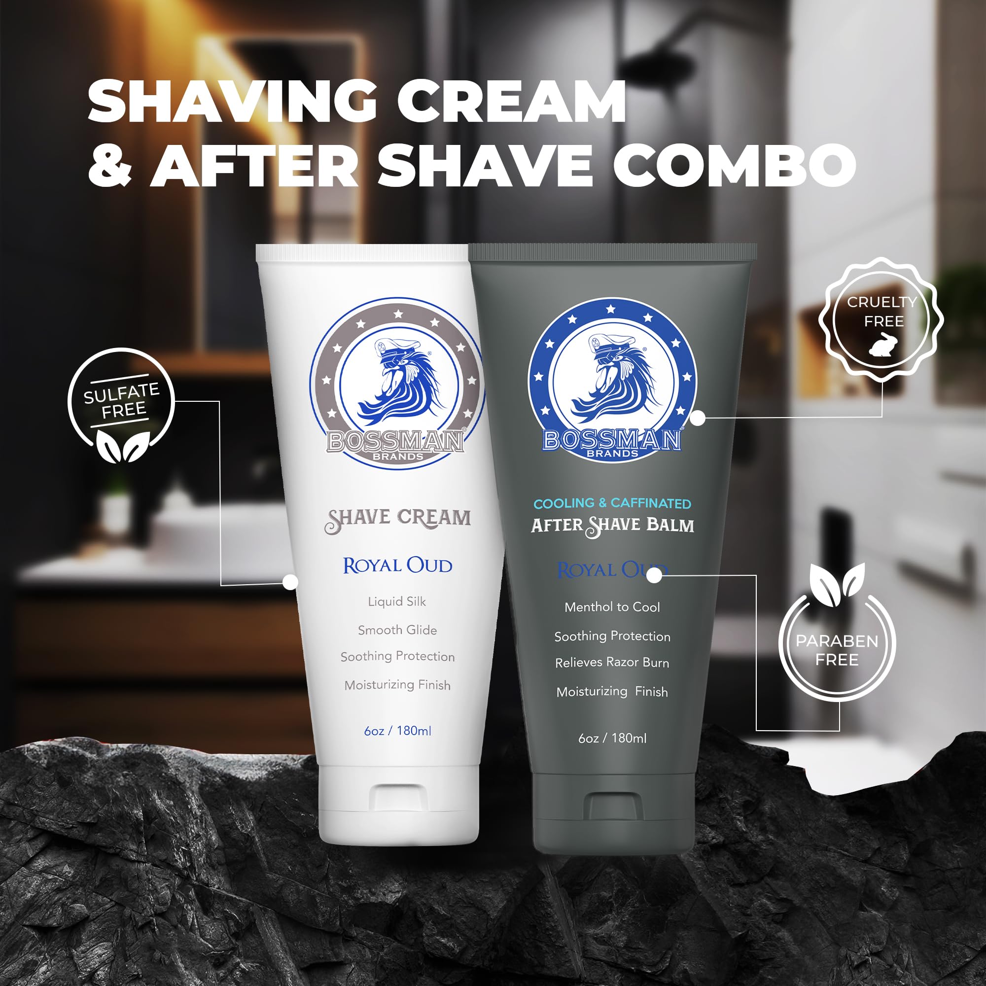 Bossman Silk Lotion Shaving Cream and Cooling After Shave Combo - Royal Oud - Travel Shave Cream and After Shave Balm for Men