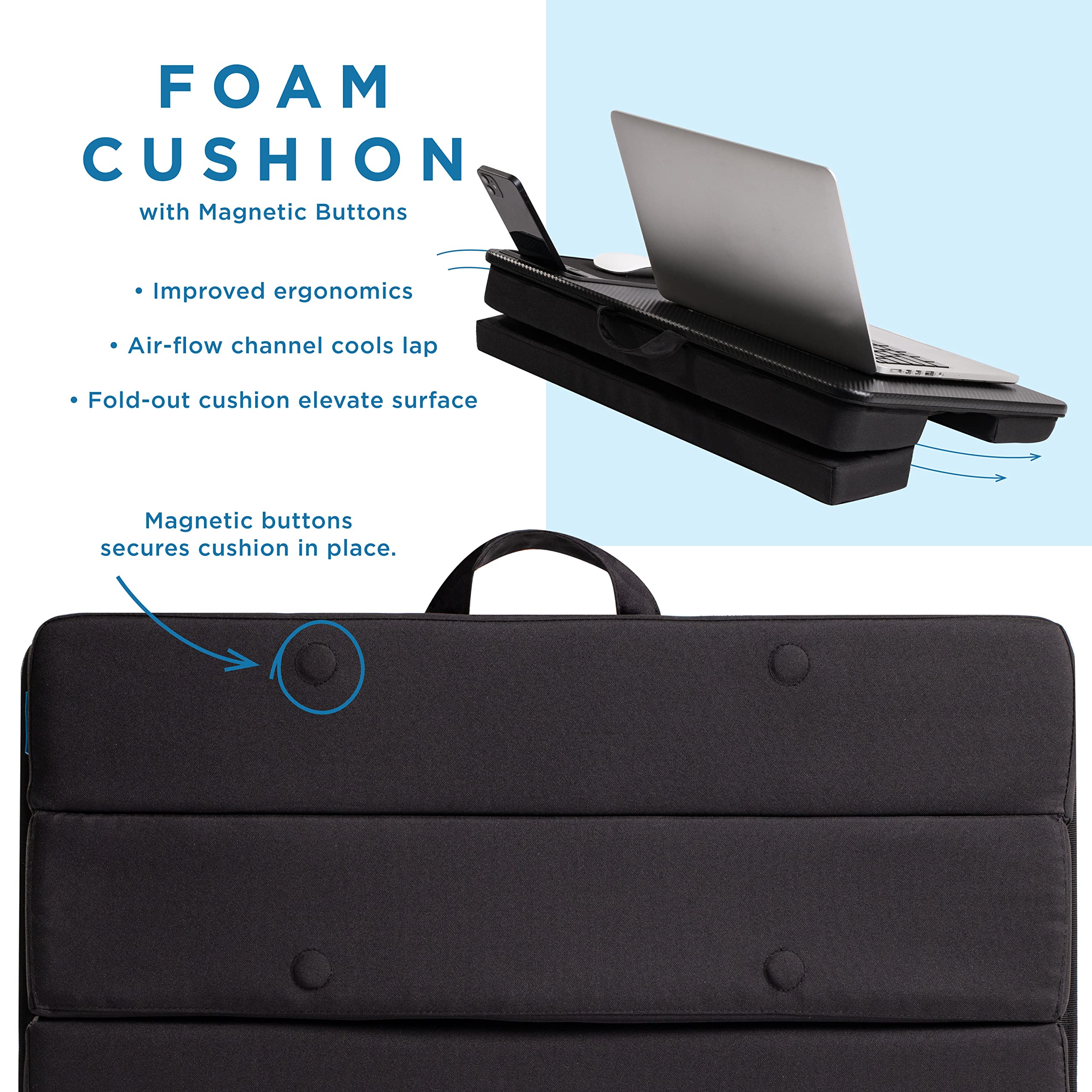 LAPGEAR Extra Large Adjustable Lap Desk with Gel Wrist Rest, Mouse Pad, Phone Holder, Device Ledge, and Booster Cushion - Black Carbon - Fits up to 17.3 Inch Laptops - Style No. 88108