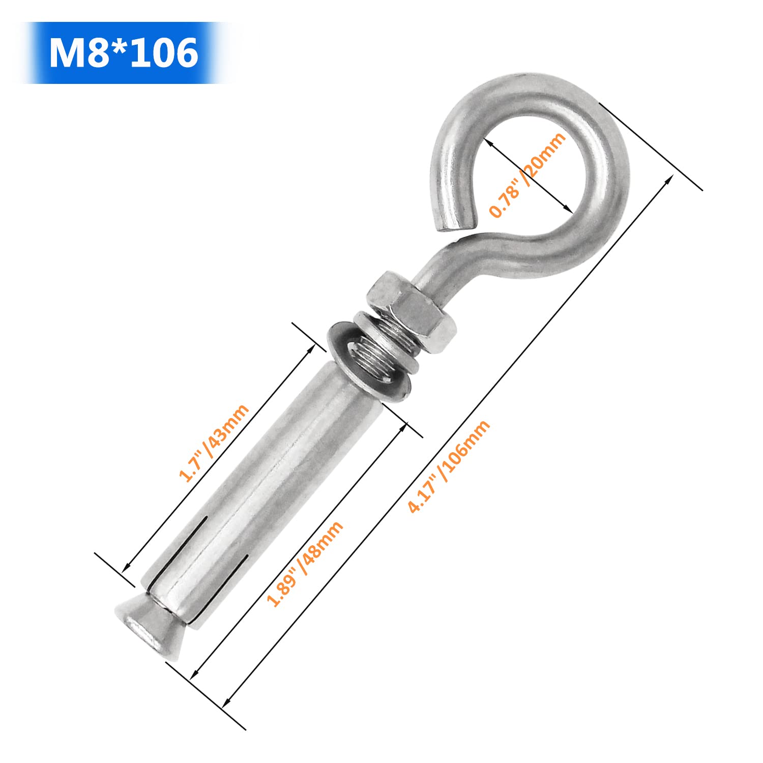 CUKAYO 5/16" X 4-3/16" Expansion Concrete Wall Anchors Eyebolt Screw, Heavy Duty 304 Stainless Steel Shoulder Lag Eyebolts for Concrete Wall, 5 Pack