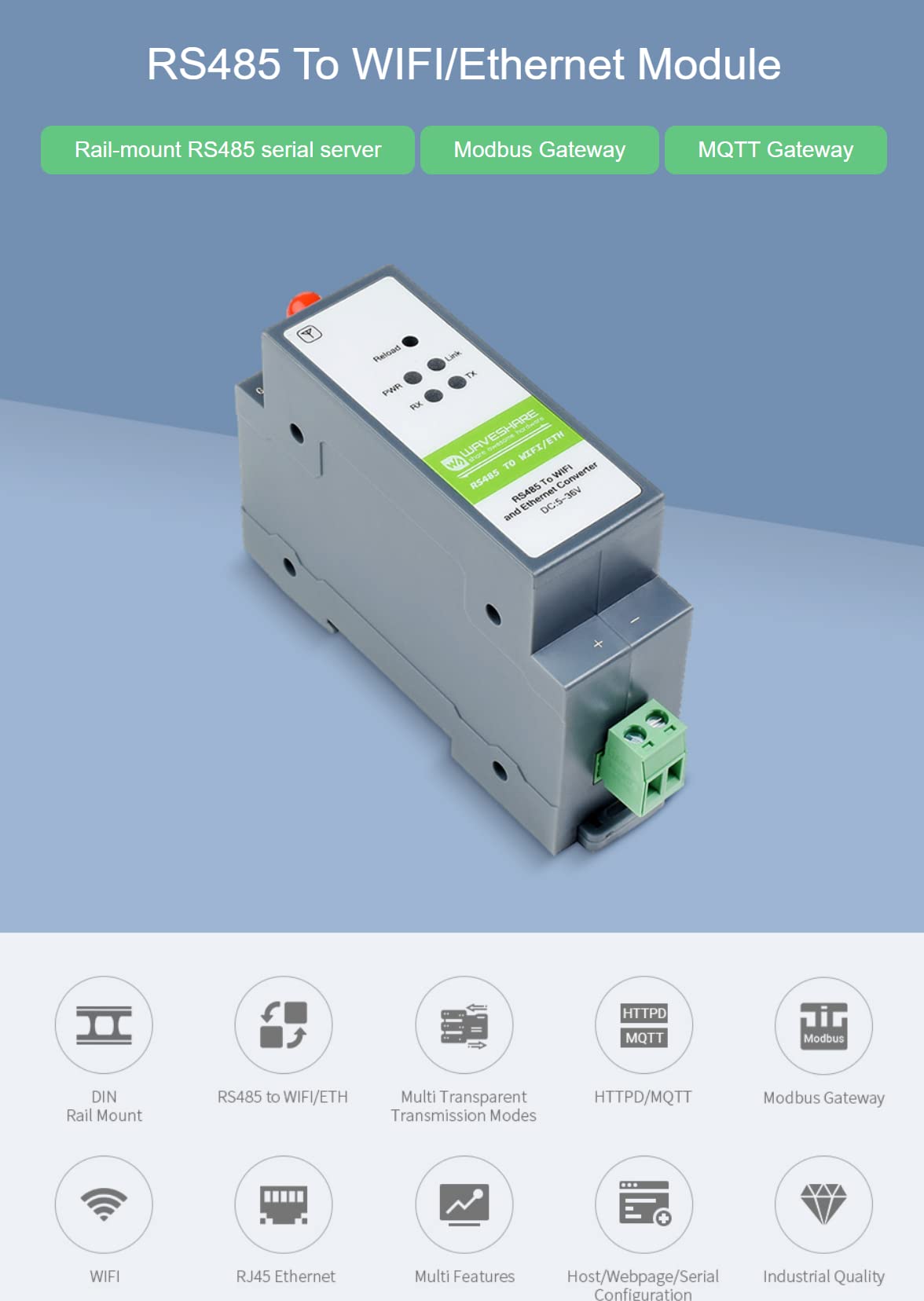 waveshare RS485 to WiFi/Ethernet Module, Modbus MQTT Gateway, Rail-Mount RS485 Serial Server, with RS485, WiFi and Ethernet Ports, Support RS485 to WiFi, RS485 to Ethernet, Ethernet to WiFi, etc.