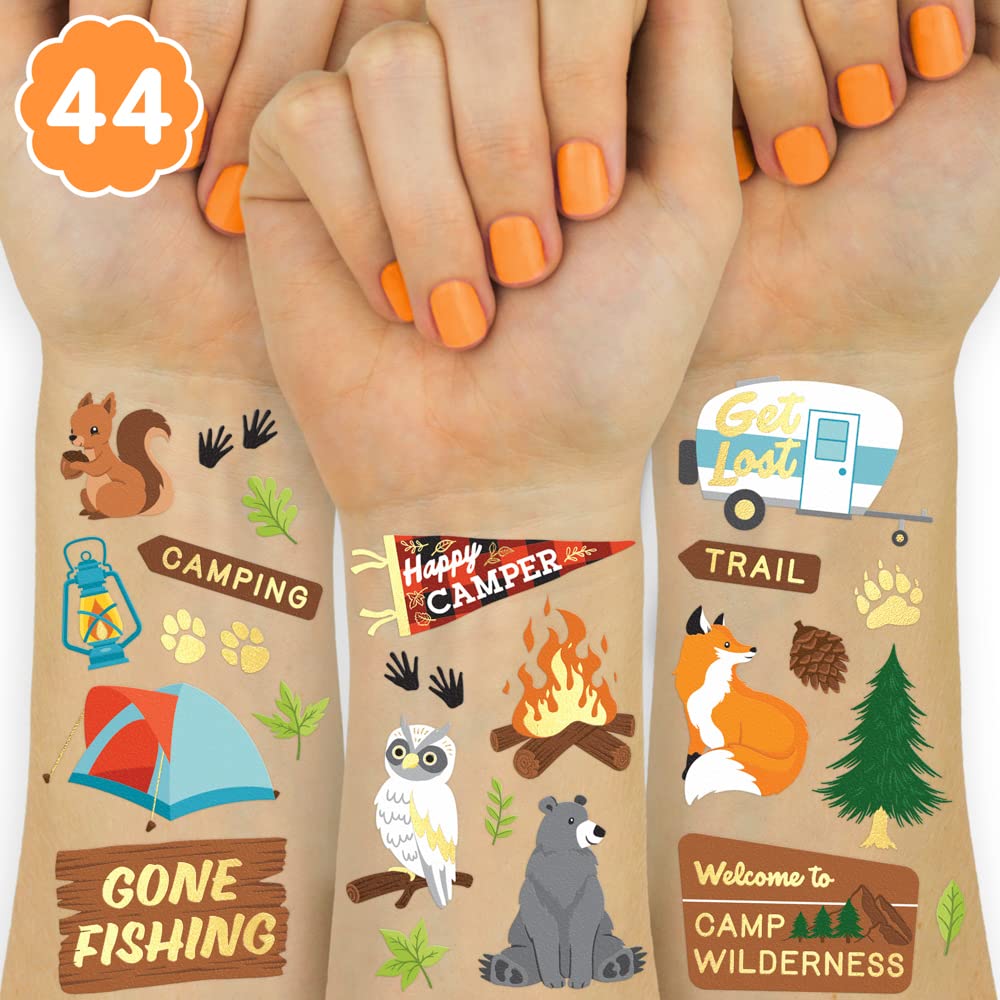 xo, Fetti Camping Party Supplies Temporary Tattoos - 44 Metallic Styles | Outdoor Wilderness Birthday, Forest Animals Favors, Gone Fishing Bday