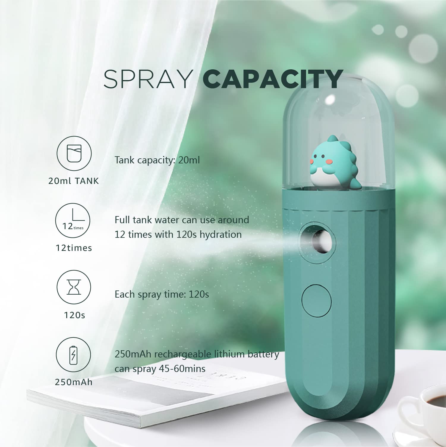 Nano Mister, Mate2GO Eyelash Nebulizer Nano Facial Mister Cool Mist Steamer Handy Mist Sprayer Moisturizing & Hydrating for Skin Care, Makeup, Eyelash Extensions, USB Rechargeable - Green