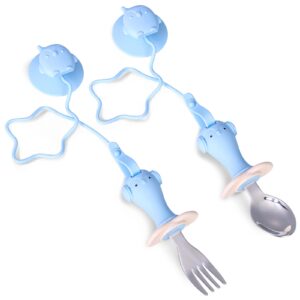 caromolly toddler utensils, toddler fork and spoon set stainless steel toddler silverware set with suction and anti-dropping chain, baby utensils with case on-the-go 2 pcs blue