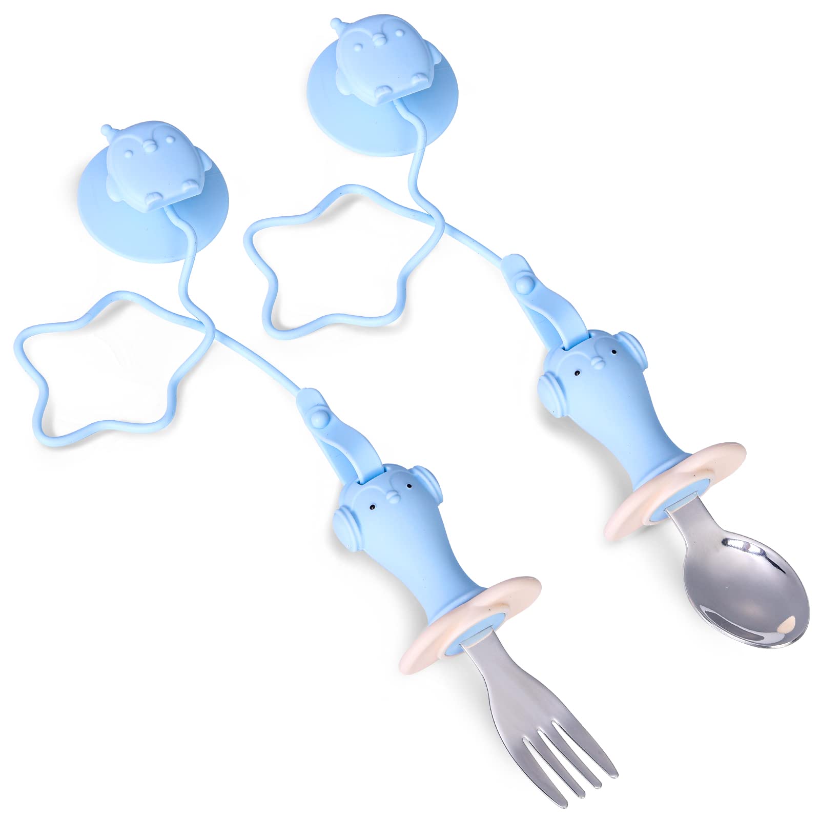 CAROMOLLY Toddler Utensils, Toddler Fork and Spoon Set Stainless Steel Toddler Silverware Set with Suction and Anti-Dropping Chain, Baby Utensils with Case On-The-Go 2 Pcs Blue