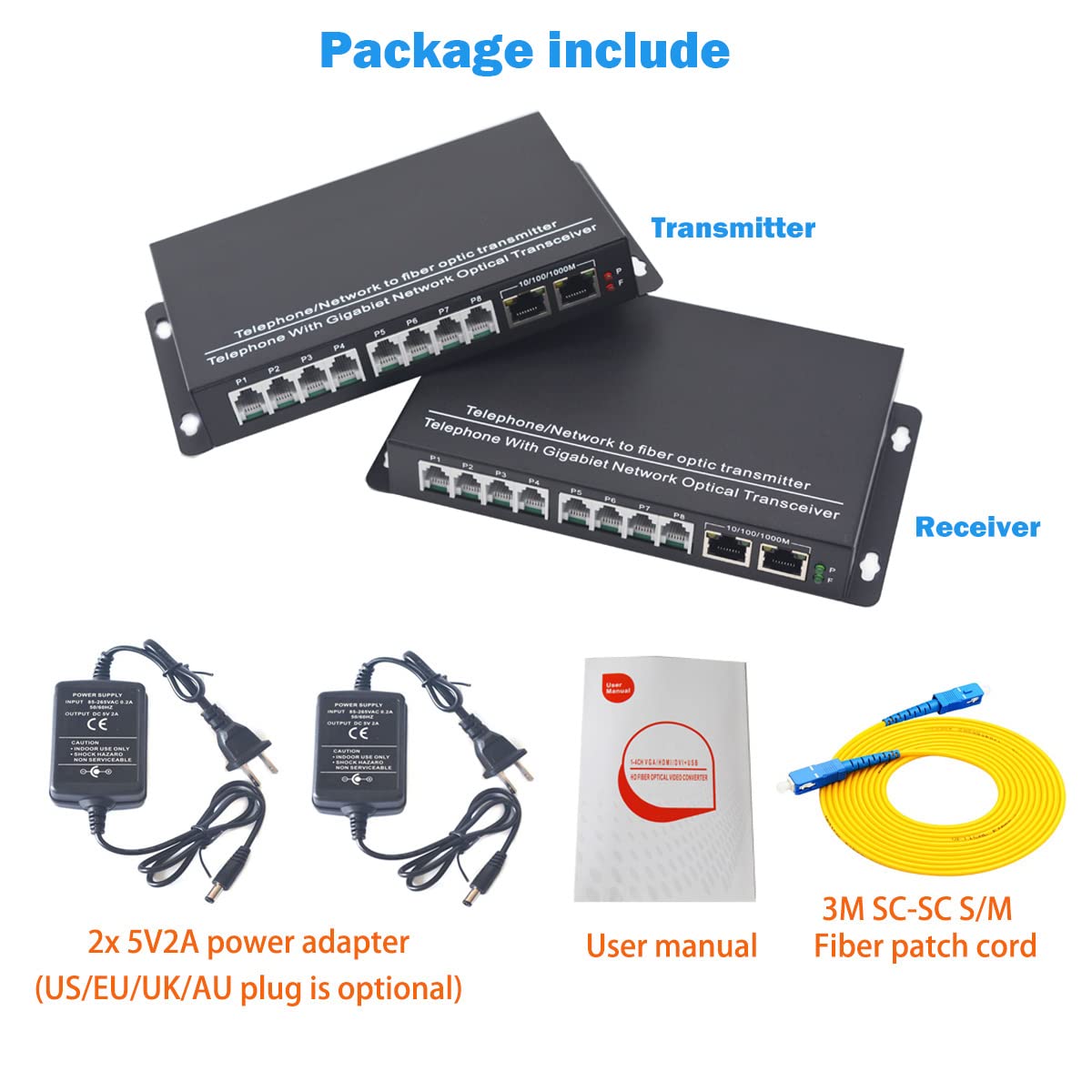 Wekuant 2 Port POTS RJ11 Telephone and 2 Gigabit Ethernet Over Fiber Optic Converter Extender Kit, PCM Voice Over Fiber – Singlemode 20Km, Multimode 500m