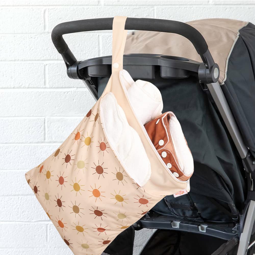 MOMIGO Wet Dry Bags for Baby Cloth Diapers - 3 Pack Reusable, Washable for Baby Stroller, Diaper Bag, Breast Pump Parts, Travel Bags, Gym Bag with 2 Pockets 11.8 * 15.7 inch (Orange Flower)