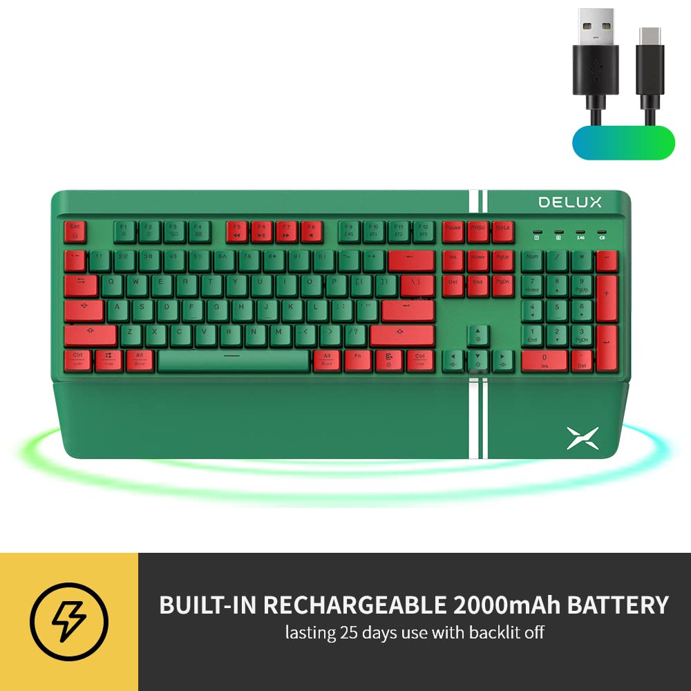 DeLUX Wired Gaming Keyboard - RGB Backlit, Hot Swappable Mechanical Keys, Ergonomic Design, Detachable Palm Rest, PBT Keycaps (KM17-Green)