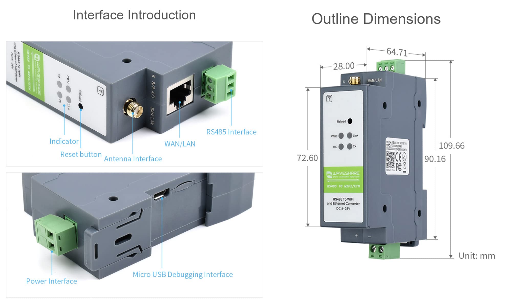 waveshare RS485 to WiFi/Ethernet Module, Modbus MQTT Gateway, Rail-Mount RS485 Serial Server, with RS485, WiFi and Ethernet Ports, Support RS485 to WiFi, RS485 to Ethernet, Ethernet to WiFi, etc.