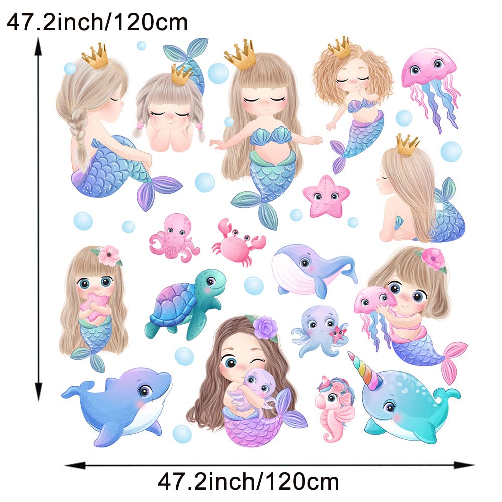 Pinenjoy Cute Mermaid Princess Wall Decal Cartoon Marine Life with Little Bubble Wall Stickers 42x42inch Removable Self-Adhesive Vinyl Wall Clings for Children's Bedroom Nursery Door Decorarion