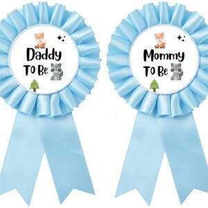 HAPPYLAND Baby Boy Shower Decorations Blue Baby Fox and Raccoon Set Tinplates Badge Mommy to Be and Daddy to Be Baby Shower