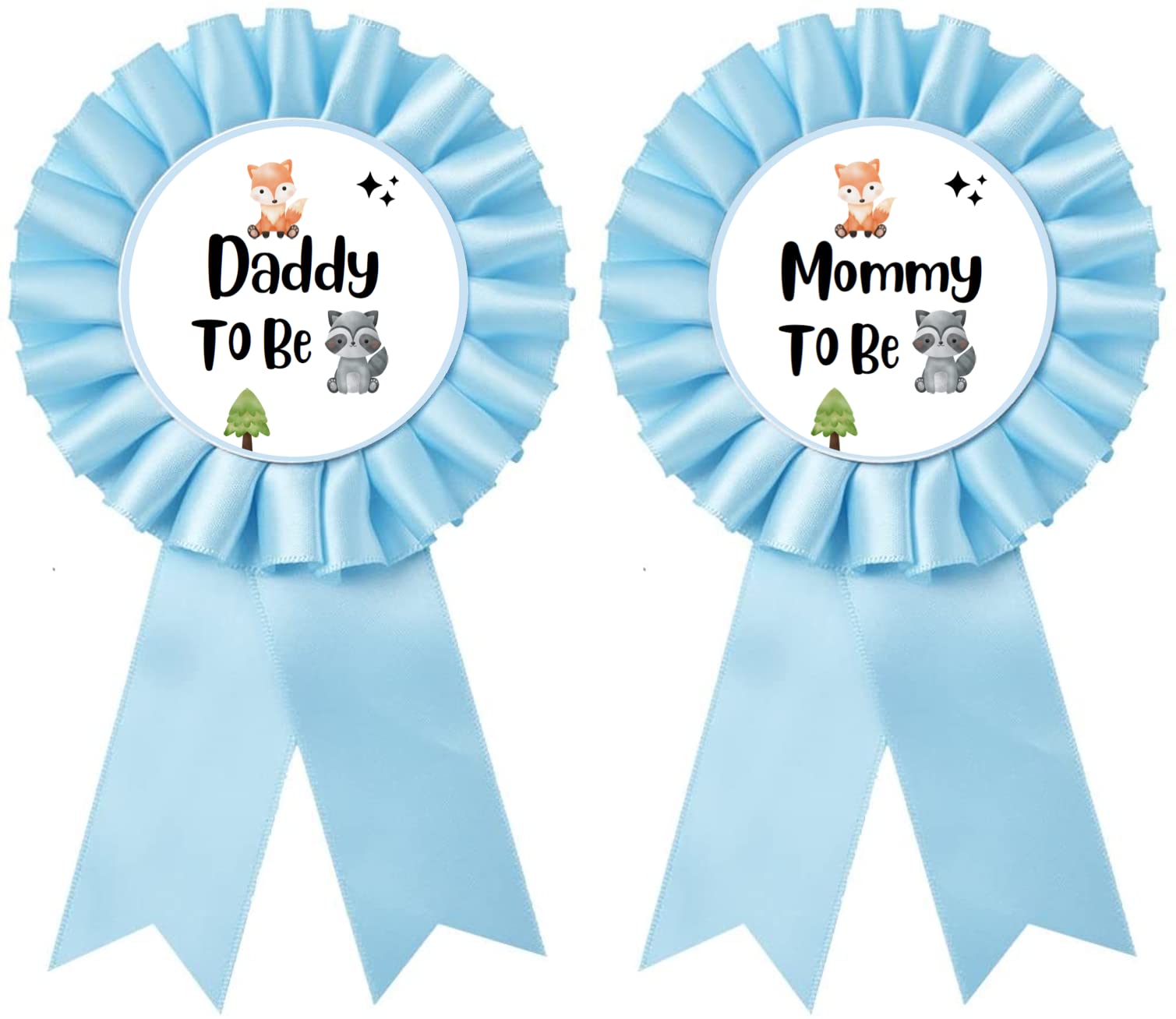 HAPPYLAND Baby Boy Shower Decorations Blue Baby Fox and Raccoon Set Tinplates Badge Mommy to Be and Daddy to Be Baby Shower