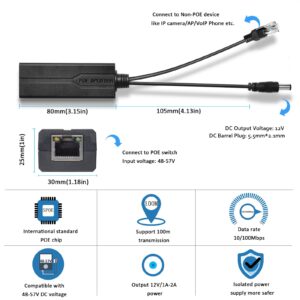 Bawofu Active PoE Power Over Ethernet Splitter Adapter 48V to 12V, 5.5x2.1mm DC, IEEE 802.3AF/at Compliant 10/100Mbps PoE Splitter with 12V Output for Surveillance Camera CCTV & VoIP Phone, 2 Pack