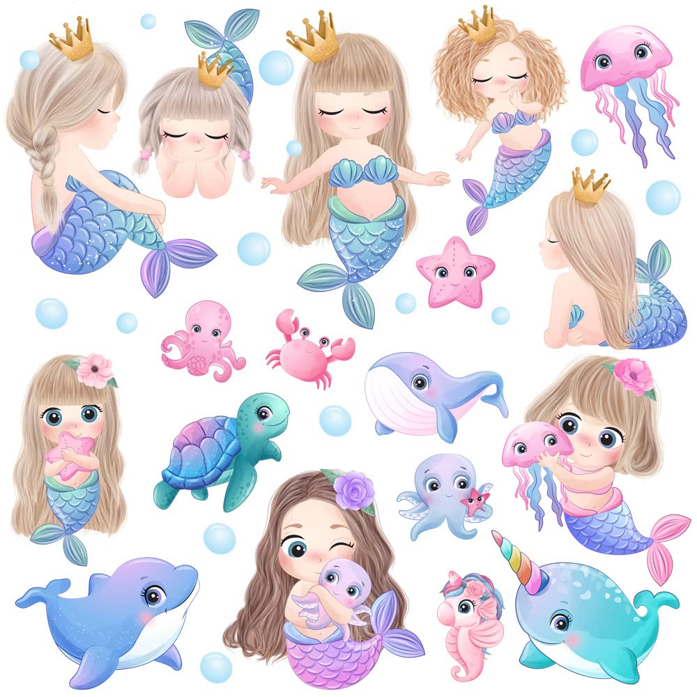 Pinenjoy Cute Mermaid Princess Wall Decal Cartoon Marine Life with Little Bubble Wall Stickers 42x42inch Removable Self-Adhesive Vinyl Wall Clings for Children's Bedroom Nursery Door Decorarion