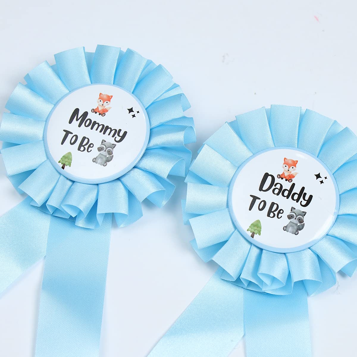 HAPPYLAND Baby Boy Shower Decorations Blue Baby Fox and Raccoon Set Tinplates Badge Mommy to Be and Daddy to Be Baby Shower