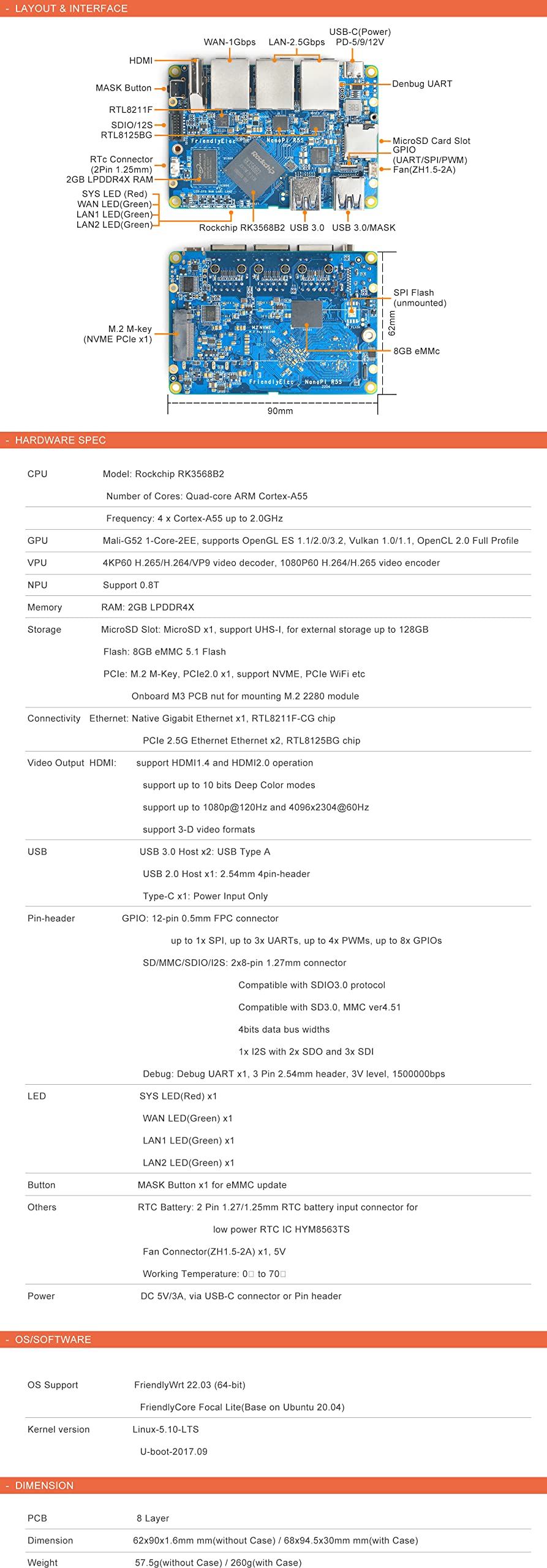 youyeetoo NanoPi R5S Mini Router with Metal Case,4GB LPDDR4 32GB EMMC, RK3568 Development Board 0.8TOPS NPU Support Docker Three Ethernet Ports USB3.0 HDMI Support M.2 NVMe PD Power (Power Bundle)