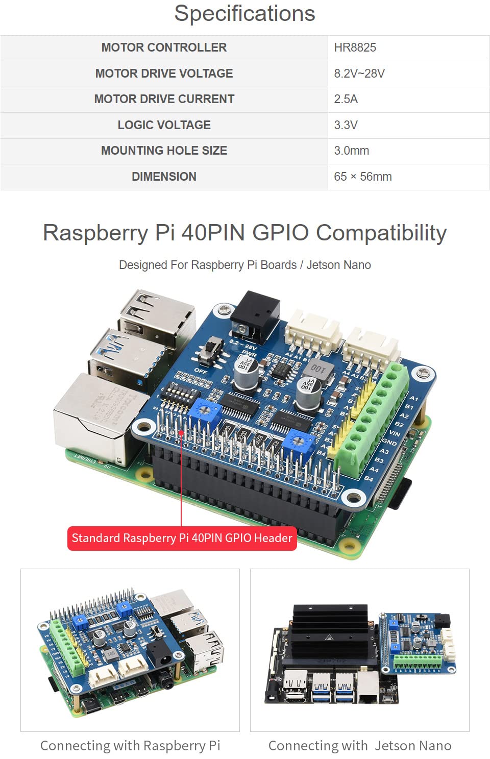 Waveshare HRB8825 Stepper Motor HAT Compatible with Raspberry Pi Drives Two Stepper Motors Up to 1/32 Microstepping