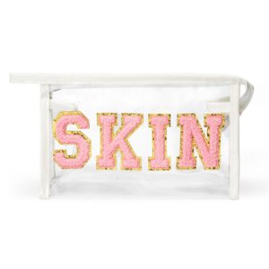 asodsway preppy patch skin cosmetic case varsity letter toiletry bag summer beach pool aesthetic waterproof clear pvc multi-function zippered pouch women travel party girls party pen pouch gifts