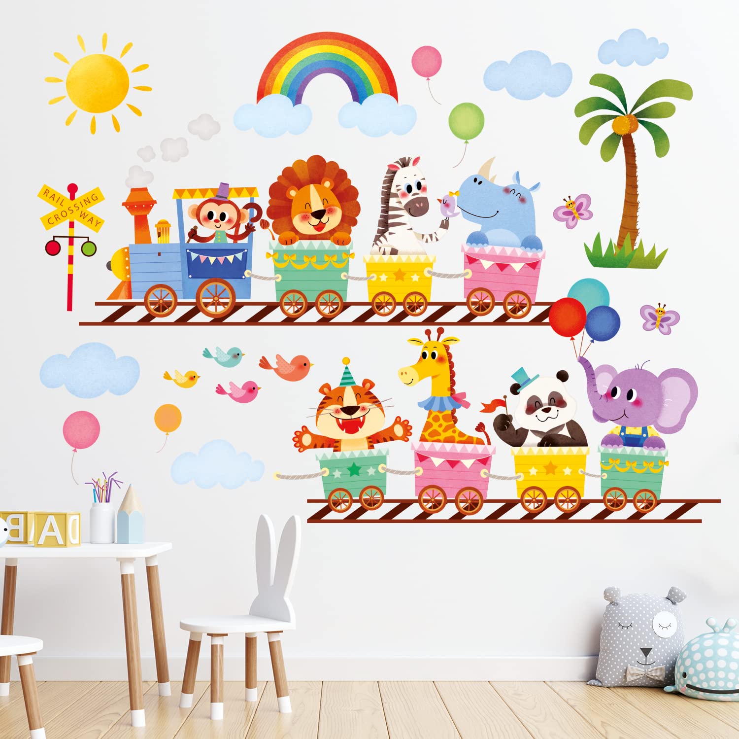 DECOWALL SG-2205 Animal Train Wall Decals Stickers Kids Peel Stick Removable Nursery Bedroom Room Living décor Baby Art playroom Classroom Children Decoration Vinyl DIY Elephant Giraffe Jungle Safari