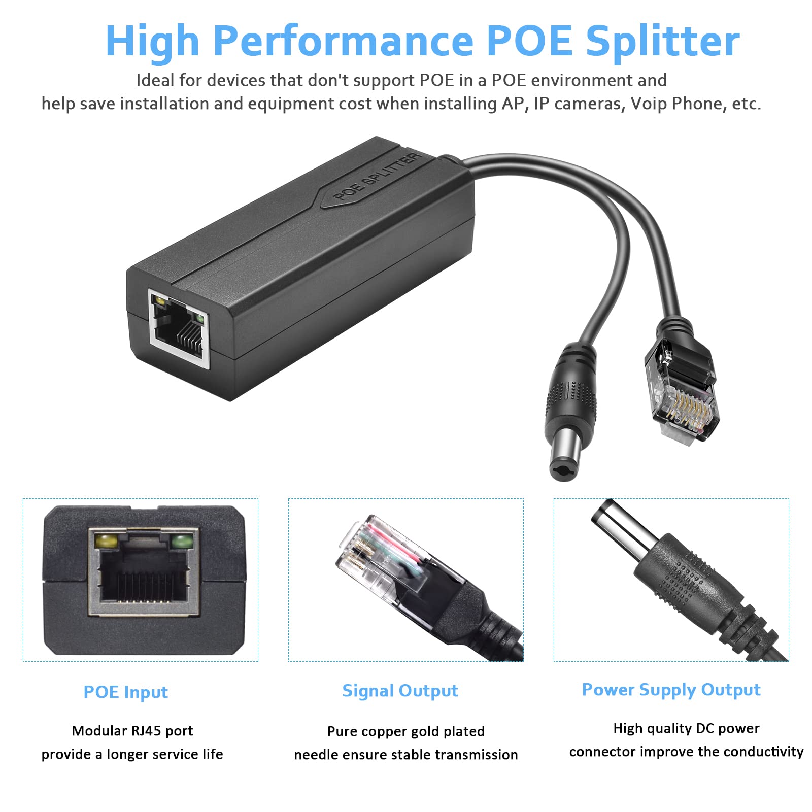 Bawofu Active PoE Power Over Ethernet Splitter Adapter 48V to 12V, 5.5x2.1mm DC, IEEE 802.3AF/at Compliant 10/100Mbps PoE Splitter with 12V Output for Surveillance Camera CCTV & VoIP Phone, 2 Pack