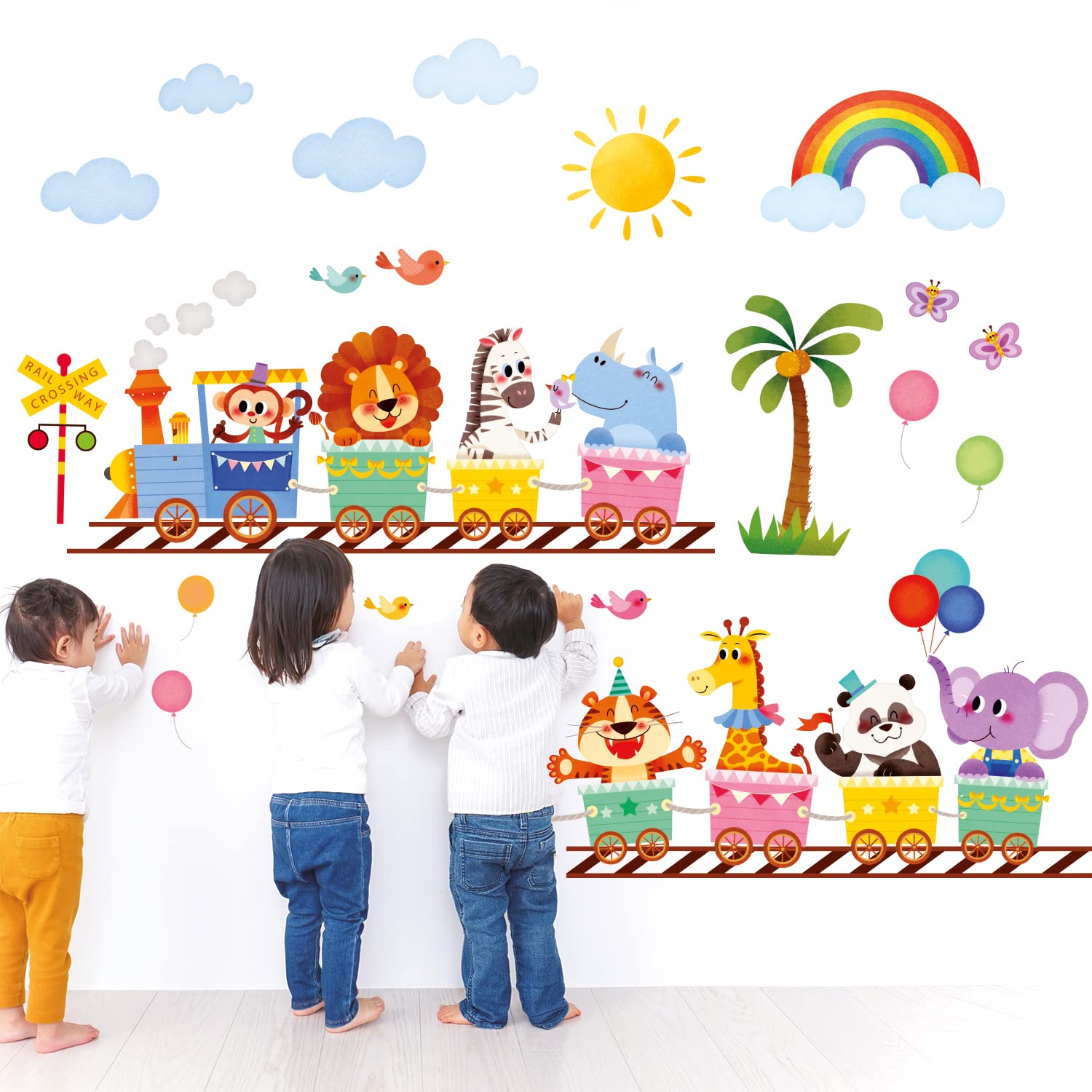 DECOWALL SG-2205 Animal Train Wall Decals Stickers Kids Peel Stick Removable Nursery Bedroom Room Living décor Baby Art playroom Classroom Children Decoration Vinyl DIY Elephant Giraffe Jungle Safari