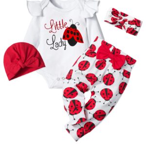 TyeSmo Baby Girl Clothes 3-6 Months Ladybug Printed White Ruffle Long-sleeve Top + Pants + Headband + Hat 3-6 Month Girl Clothes