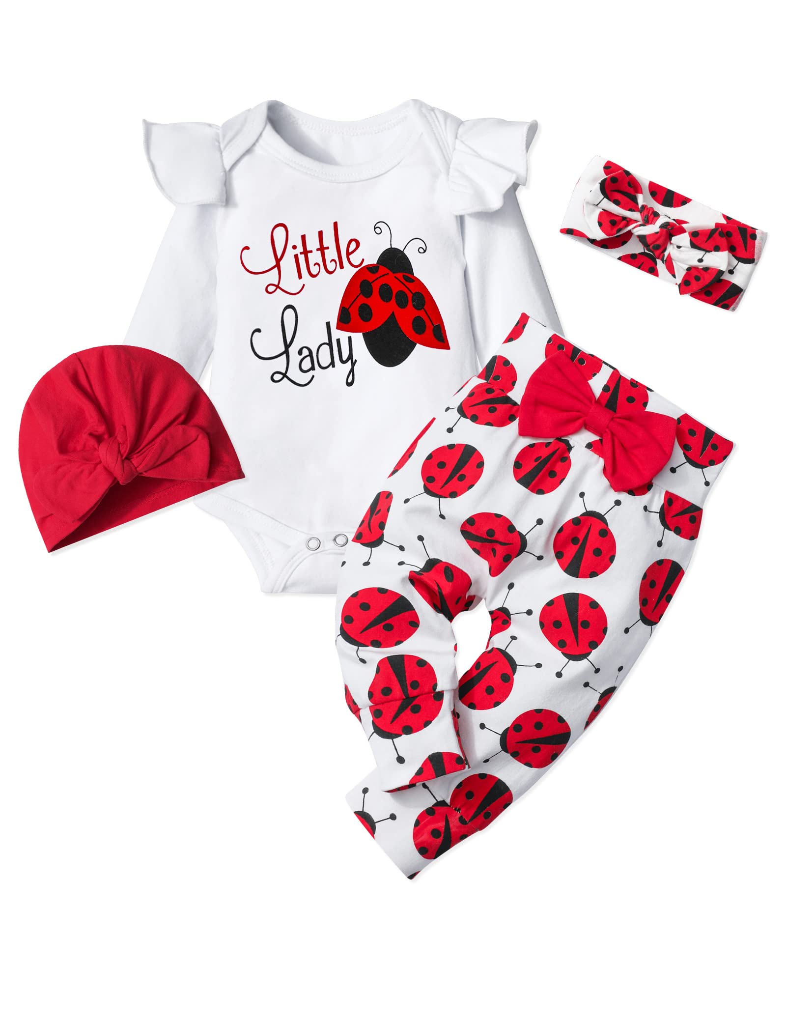 TyeSmo Baby Girl Clothes 3-6 Months Ladybug Printed White Ruffle Long-sleeve Top + Pants + Headband + Hat 3-6 Month Girl Clothes