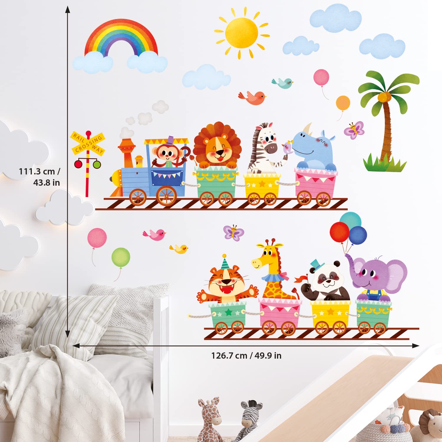 DECOWALL SG-2205 Animal Train Wall Decals Stickers Kids Peel Stick Removable Nursery Bedroom Room Living décor Baby Art playroom Classroom Children Decoration Vinyl DIY Elephant Giraffe Jungle Safari