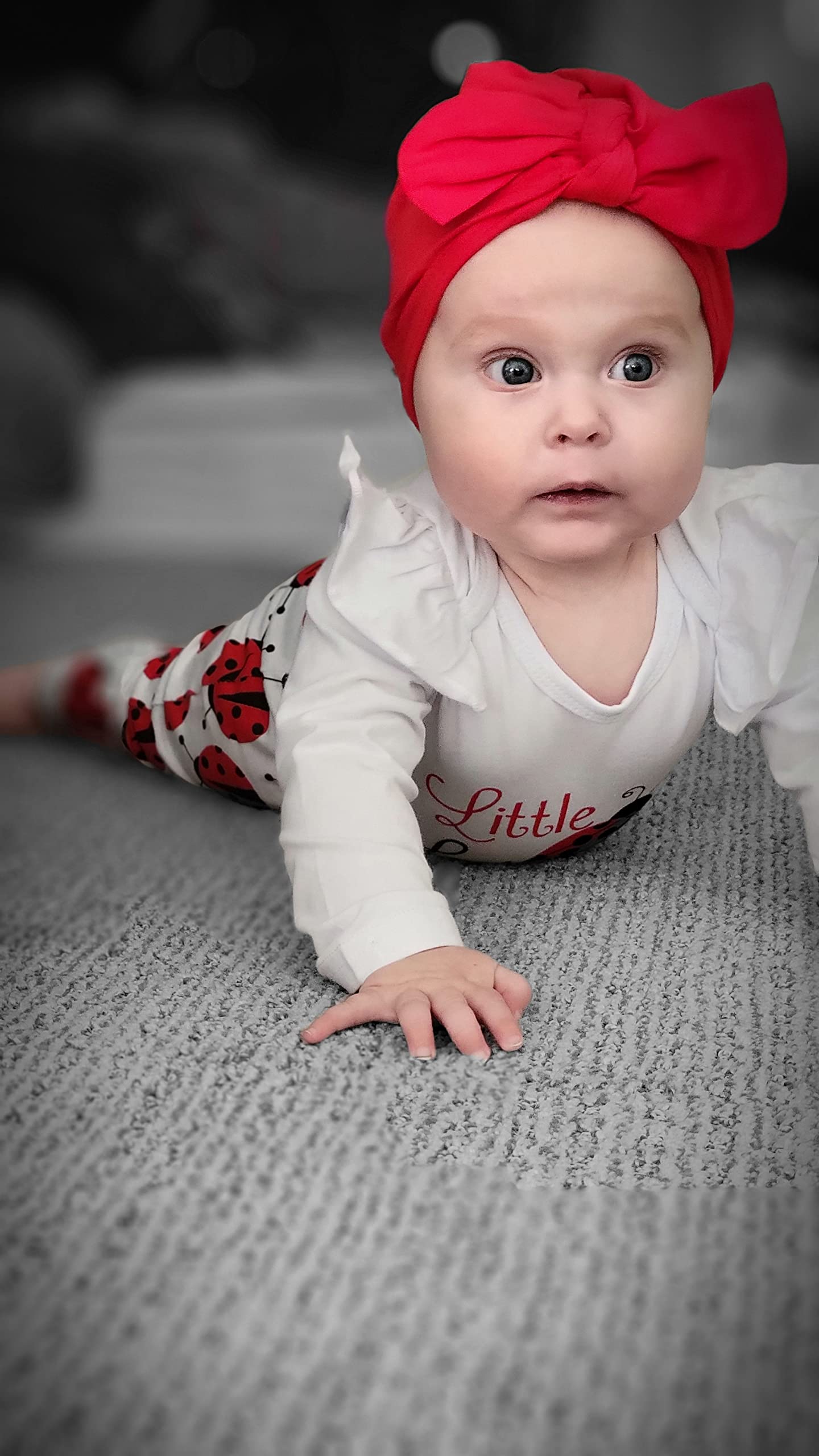 TyeSmo Baby Girl Clothes 3-6 Months Ladybug Printed White Ruffle Long-sleeve Top + Pants + Headband + Hat 3-6 Month Girl Clothes