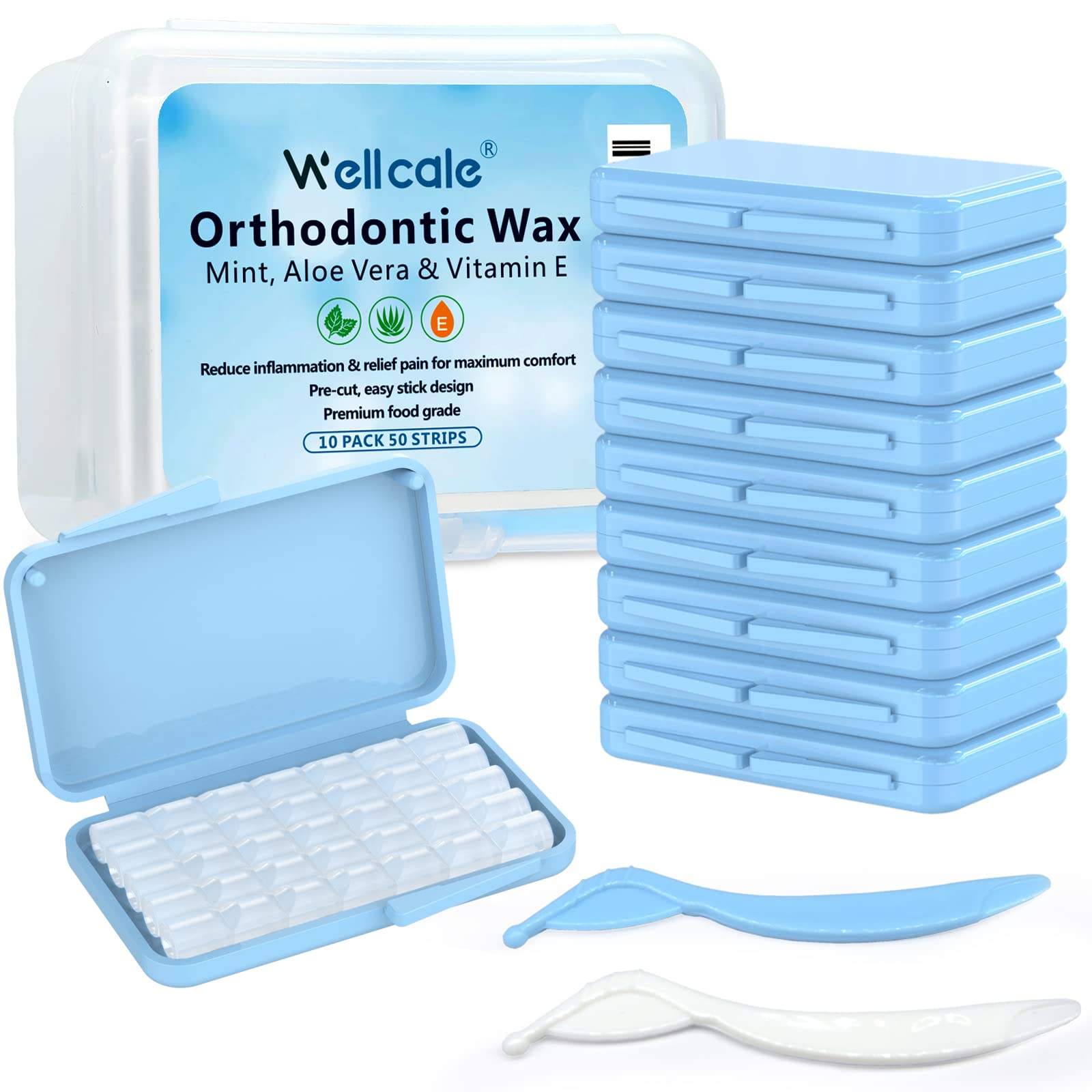 Braces Wax, 10 Pack 50 Precut Wax Strips 350+ Dots, Blue Cases. Includes Storage Box & 2 Applicator Tools, Food-Grade Premium Dental Wax for Braces & Aligners- Stick Better (Mint+Aloe Vera +Vitamin E)