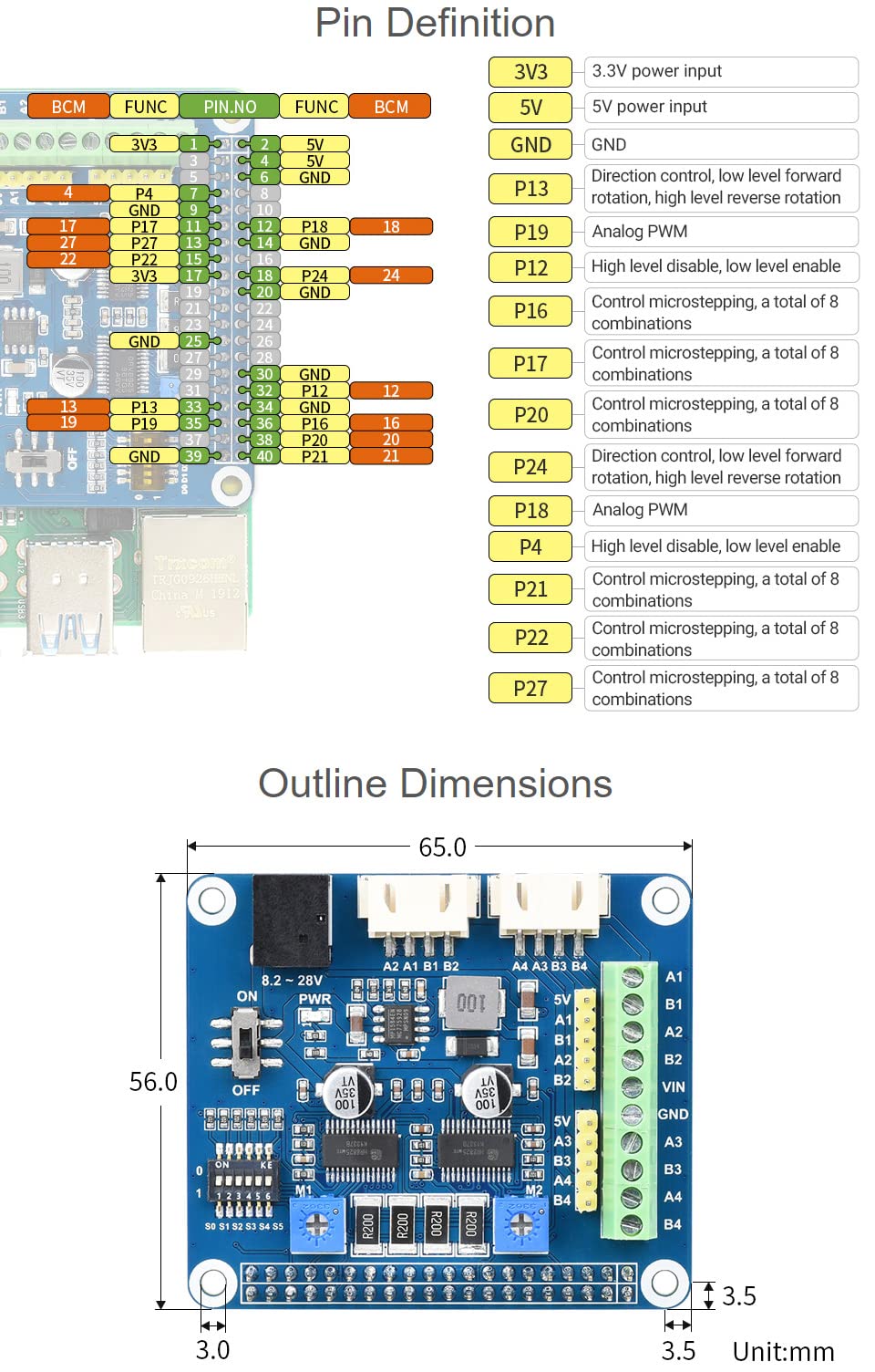 Waveshare HRB8825 Stepper Motor HAT Compatible with Raspberry Pi Drives Two Stepper Motors Up to 1/32 Microstepping