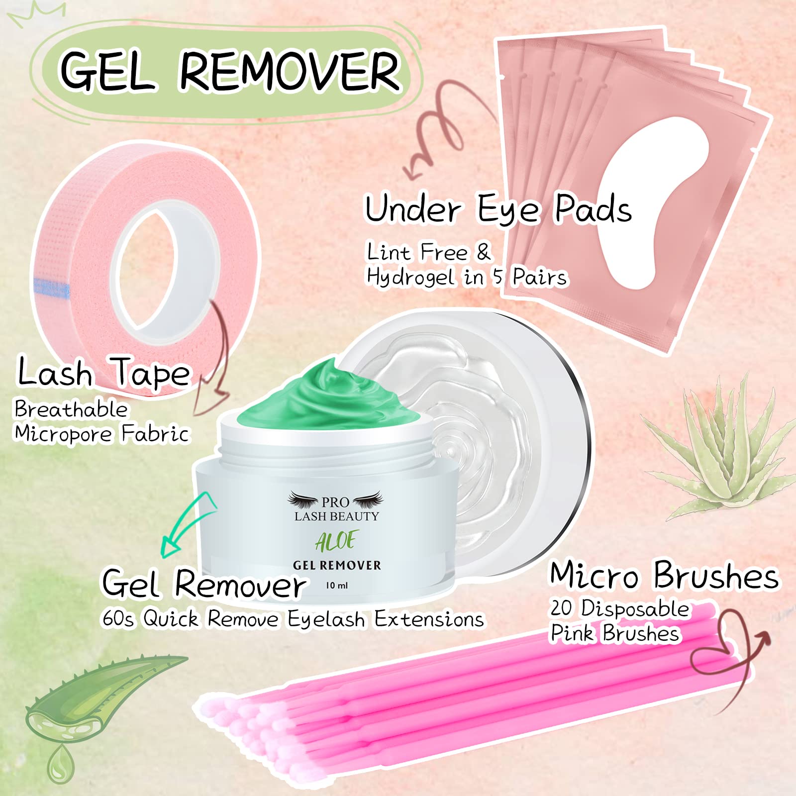 Eyelash Extension Remover Kit 10ML Fragrance Lash Remover for Lash Extensions Aloe Scent Eyelash Remover with Eye Patch Microswab Brushes No Irritation Quick Dissolves Eyelash Adhesive Removal Aloe