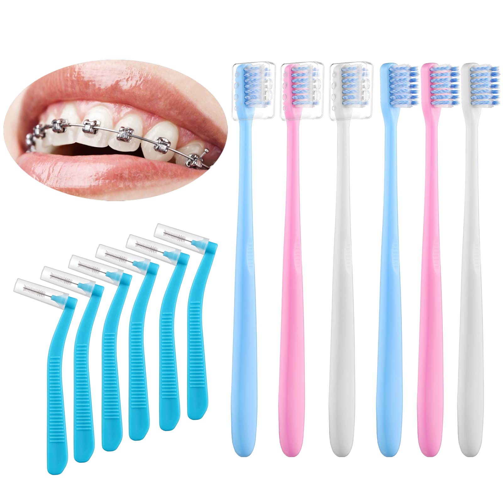 Fremouth V-Shaped Orthodontic Toothbrush for Braces, Soft Bristles, 6 Count, with Interdental Brushes