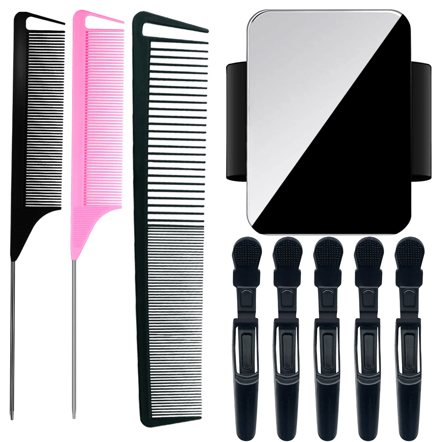 9 Pcs Hair Parting Comb Rat Tail Comb Set- 2 Pieces Braiding Comb Styling Comb 1 Fine and Wide Tooth Comb and Magnetic Wrist Sewing Pincushion Pin Cushion Holder with 5 Alligator Hair Clip (Black)