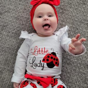 TyeSmo Baby Girl Clothes 3-6 Months Ladybug Printed White Ruffle Long-sleeve Top + Pants + Headband + Hat 3-6 Month Girl Clothes