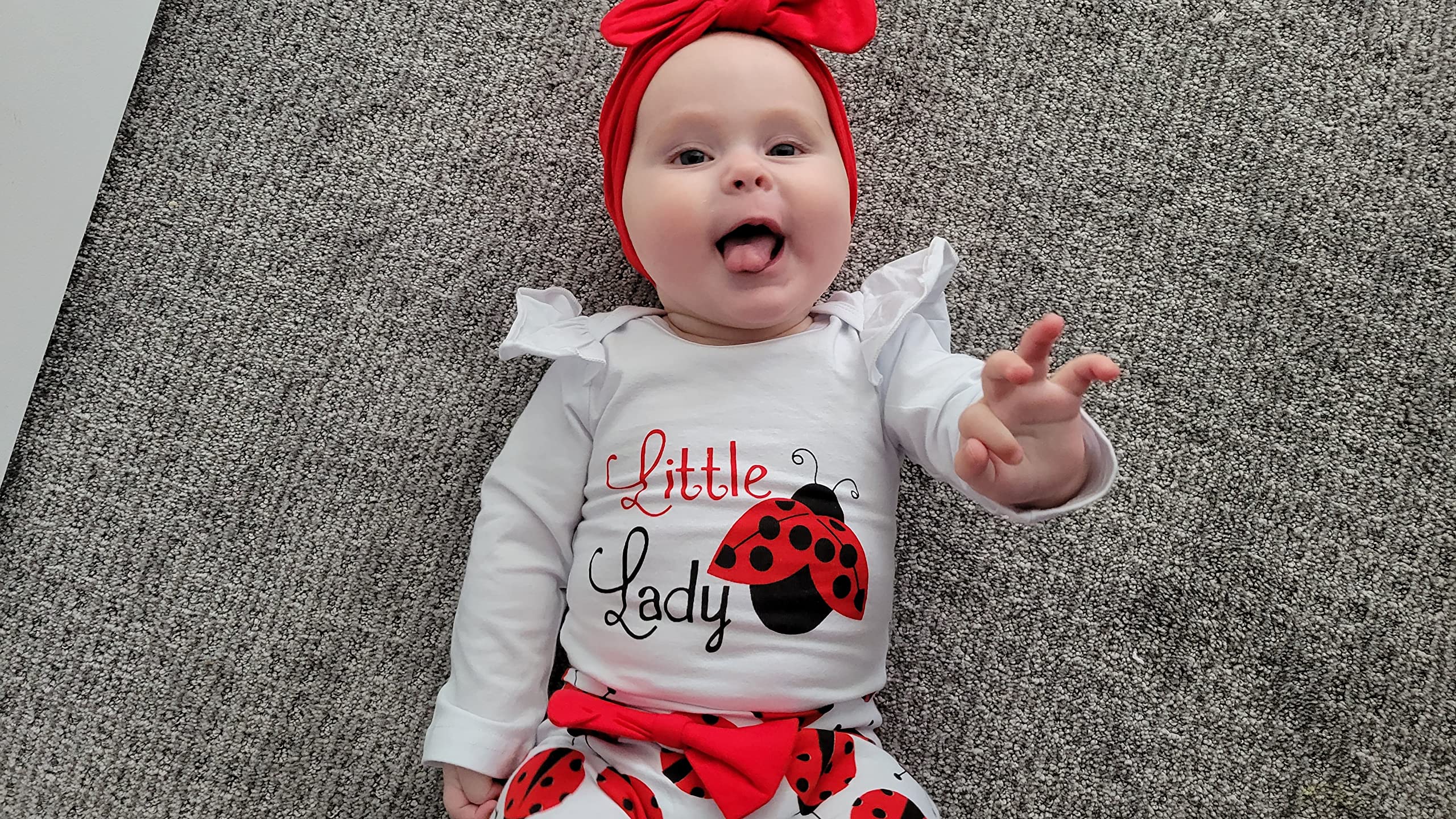 TyeSmo Baby Girl Clothes 3-6 Months Ladybug Printed White Ruffle Long-sleeve Top + Pants + Headband + Hat 3-6 Month Girl Clothes