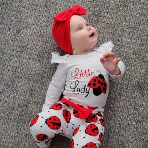 TyeSmo Baby Girl Clothes 3-6 Months Ladybug Printed White Ruffle Long-sleeve Top + Pants + Headband + Hat 3-6 Month Girl Clothes