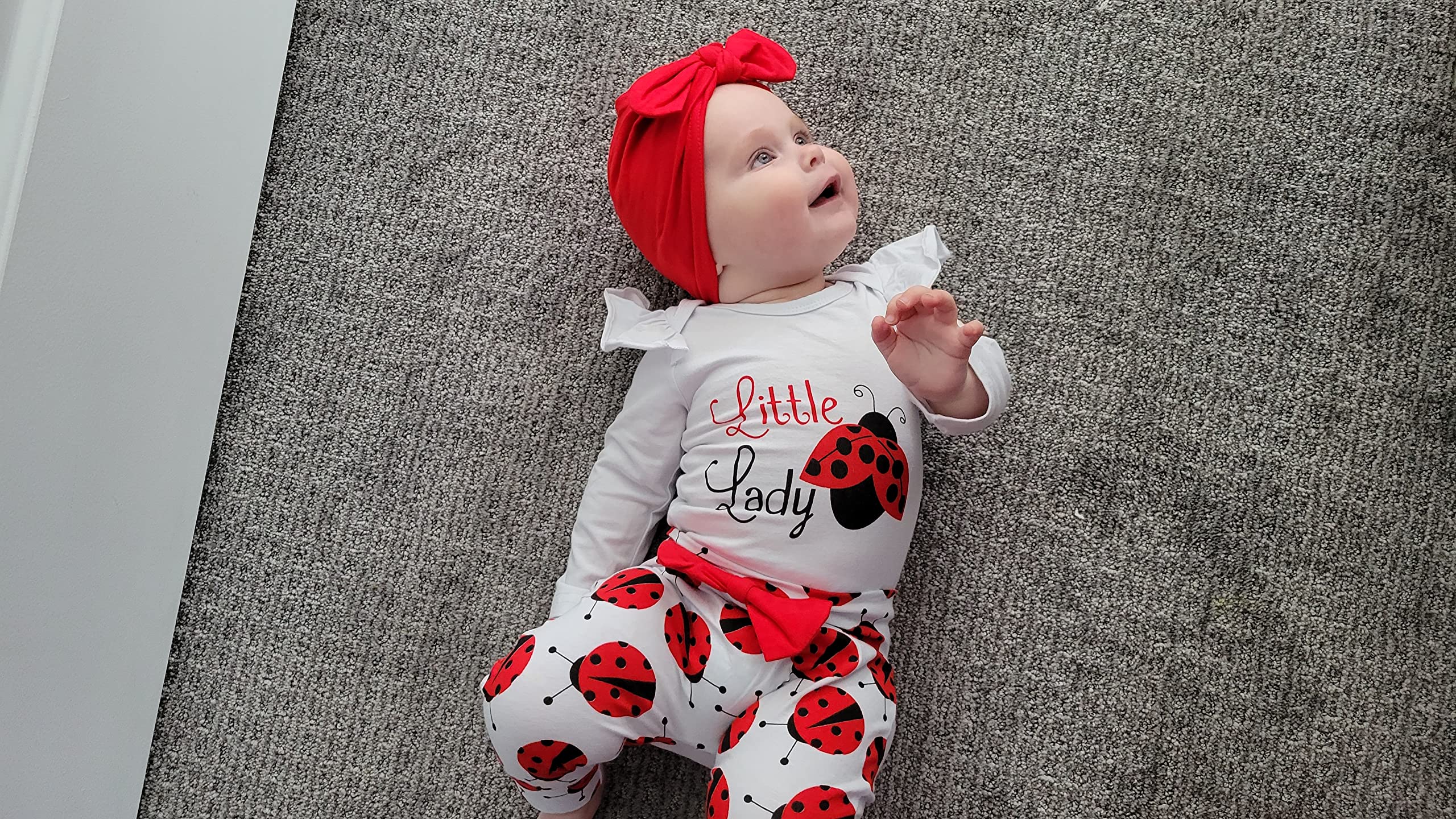 TyeSmo Baby Girl Clothes 3-6 Months Ladybug Printed White Ruffle Long-sleeve Top + Pants + Headband + Hat 3-6 Month Girl Clothes