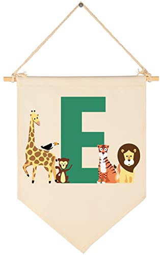 Personalised Woodland Animal Flag Decor Gifts for Baby Boy Girl Newborn Kids-Jungle Safari Pennant Banner Wall Sign Gifts for Nursery Baby Room Bedroom Playroom Front Door-Monogrammed Initial Letter E