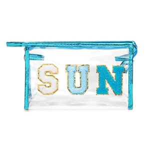 y1tvei preppy patch sun varsity letter cosmetic toiletry bag transparent pvc zipper makeup bag clutch purse portable waterproof travel organizer compliant bag for women girls teens (blue)