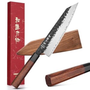 hezhen- 8.5” chef knife, 3 layers high carbon clad steel kiritsuke knife, composite forging steel, professional japanese kitchen knife, redwood octagonal handle with wooden knife sheath