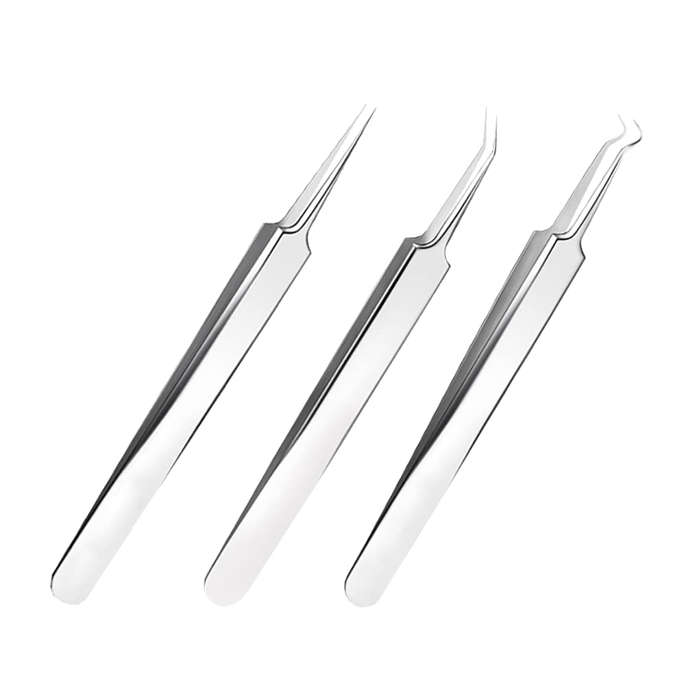 3 Pcs Stainless Steel Blackhead Splinter Remover Tweezers Blackhead Removal Needle Pointed Tweezers Ingrown Hair Tweezers