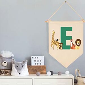 Personalised Woodland Animal Flag Decor Gifts for Baby Boy Girl Newborn Kids-Jungle Safari Pennant Banner Wall Sign Gifts for Nursery Baby Room Bedroom Playroom Front Door-Monogrammed Initial Letter E