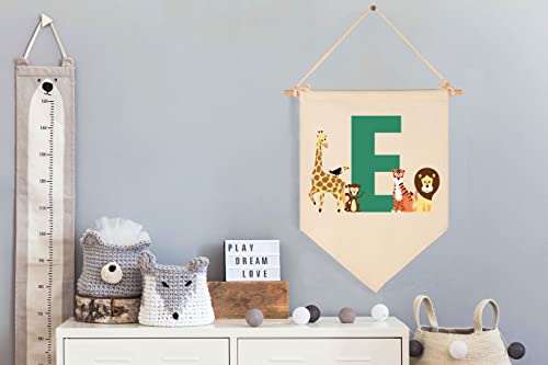 Personalised Woodland Animal Flag Decor Gifts for Baby Boy Girl Newborn Kids-Jungle Safari Pennant Banner Wall Sign Gifts for Nursery Baby Room Bedroom Playroom Front Door-Monogrammed Initial Letter E