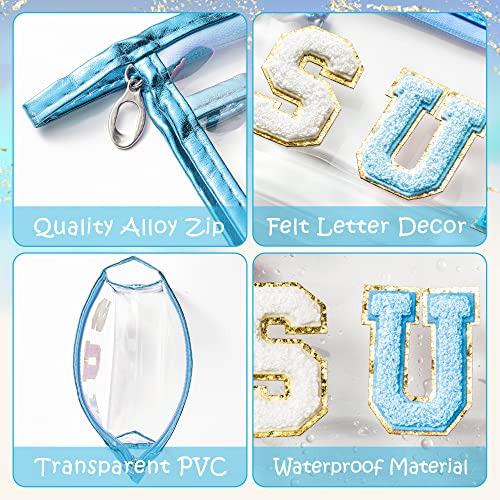 Y1tvei Preppy Patch SUN Varsity Letter Cosmetic Toiletry Bag Transparent PVC Zipper Makeup Bag Clutch Purse Portable Waterproof Travel Organizer Compliant Bag for Women Girls Teens (Blue)