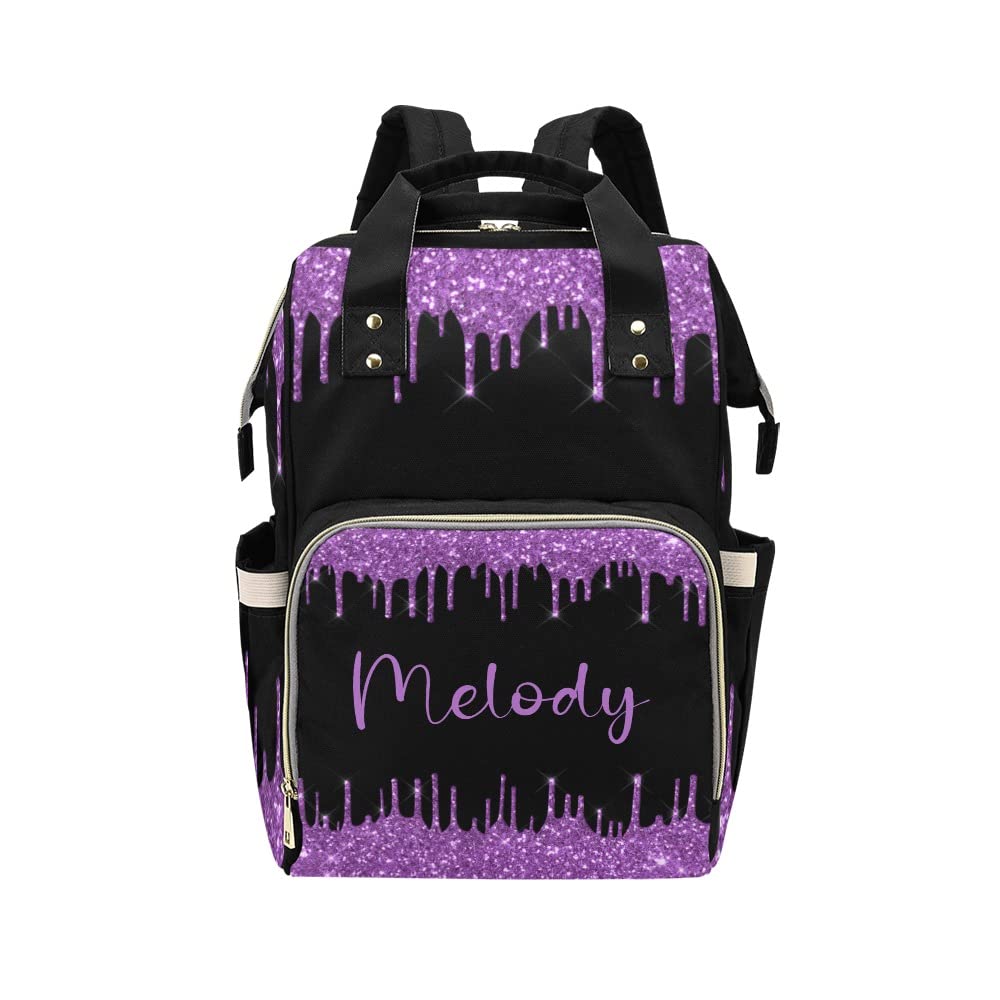 XOZOTY Purple Golden Dripping Glitter Diaper Bags with Name Waterproof Mummy Backpack Nappy Nursing Baby Bags Gifts Tote Bag for Women